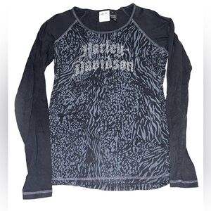 Harley Davidson Long Sleeve Shirt Womens Black Sz Large Rhinestone Animal Print